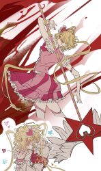  1girl absurdres armband blonde_hair blood blush bow bowtie don_quixote_(project_moon) e.g.o_(project_moon) full-face_blush hair_ornament heart heart_hair_ornament highres in_the_name_of_love_and_hate_(e.g.o) limbus_company long_sleeves looking_at_viewer multiple_views parted_bangs pink_bow pink_bowtie pink_garter_straps pink_nails pink_skirt pink_vest project_moon red_armband red_eyes sancho_(project_moon) short_hair simple_background skirt solo standing thigh-highs two_side_up upper_body v9sk51z6jxquzom vest white_background white_thighhighs winged_wand 