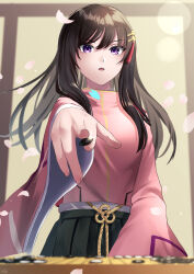  1girl absurdres black_hair black_hakama black_skirt board_game breasts brown_hair chess chessboard falling_petals green_hakama hair_between_eyes hair_ornament hairclip hakama hakama_skirt heaven_burns_red highres holding japanese_clothes kimono long_hair long_sleeves looking_at_viewer mahjong mahjong_tile nikaidou_misato nil_(pixiv_53614557) open_mouth petals pink_kimono pink_shirt playing_games pleated_skirt pointing pointing_at_viewer shirt shogi skirt solo straight_hair tassel tassel_hair_ornament upper_body violet_eyes wide_sleeves 