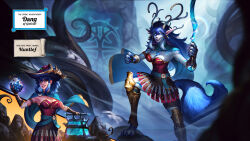  1girl absurdres alternate_form antlers armband belt belt_buckle blue_claws blue_fur blue_hair breasts brown_skirt buckle cape chain character_name claws commentary commission crystal_earrings crystal_necklace crystal_sword dang_(runescape) deer_antlers devil_fruit devil_fruit_power dialogue_box duellist&#039;s_cap_(tier_6) earrings english_commentary evil_grin evil_smile fingerless_gloves fluffy_tail food fruit full_body furry furry_female gladiator gloves glowing_hat gold_chain gold_trim gradient_hair green_belt green_cape grin hair_between_eyes hat high_ponytail highres holding holding_food holding_fruit horns jewelry johnny_azad leotard long_bangs long_hair medium_breasts medium_hair monster_girl multicolored_hair multiple_views old_school_runescape one_piece orange_eyes original pile_of_money plant_roots ponytail purple_background red_armband red_leotard rock runescape second-party_source sharp_teeth simple_background skirt smile solo spiked_ear_piercing sun_symbol sword tail teeth thick_eyebrows transparent_background treasure treasure_chest upper_body weapon white_fur wolf_tail 