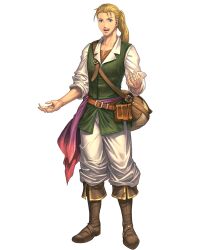  1boy bag blonde_hair blue_eyes boots brown_boots collarbone fire_emblem fire_emblem:_radiant_dawn fire_emblem_heroes full_body highres izuka_daisuke jorge_(fire_emblem) long_hair male_focus non-web_source official_art ponytail sash shoulder_bag simple_background sleeves_rolled_up solo standing transparent_background waist_sash 