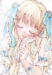  1girl blonde_hair blue_ribbon blunt_bangs closed_eyes closed_mouth dress eyelashes feathers highres holding holding_feather long_hair making-of_available original painting_(medium) puffy_short_sleeves puffy_sleeves ribbon short_sleeves solo toaruocha traditional_media twintails upper_body watercolor_(medium) white_dress white_wings wings 