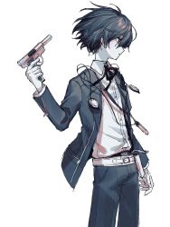 1boy ahoge arm_at_side belt black_ribbon blue_hair blue_jacket blue_pants cowboy_shot digital_media_player digital_walkman dress_shirt evoker from_side gekkoukan_high_school_uniform gun highres holding holding_gun holding_weapon jacket long_sleeves looking_ahead male_focus messy_hair open_clothes open_jacket pants parted_lips persona persona_3 ribbon ro_ma_ya_su school_uniform shirt short_hair simple_background solo walkman_nw-s203f weapon white_background white_belt white_shirt yuuki_makoto_(persona_3) 