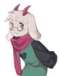  1boy animal_ears arms_behind_back black_sleeves commentary cowboy_shot deltarune fangs glasses goat_boy goat_ears goat_horns green-framed_eyewear green_robe hashtag-only_commentary horns looking_at_viewer male_focus pink_eyes pink_horns pink_scarf ralsei robe scarf simple_background solo utdr_(toby_fox) white_background white_fur yokuyo 