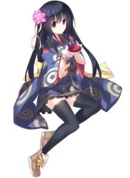  1girl alcohol black_hair black_skirt black_thighhighs blue_kimono boots bow brown_boots cup drink flower furisode furisode_sleeves hair_between_eyes hair_flower hair_ornament highres japanese_clothes kimono leggings light_smile long_hair looking_at_viewer miniskirt nippon_sake_monogatari non-web_source obi own_hands_together personification pink_flower red_eyes ribbon sakazuki sake sasaki_mutsumi sash sidelocks sitting skirt thigh-highs yellow_bow yellow_ribbon yellow_sash 