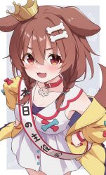  1girl :3 :d animal_ears birthday_sash blush bone_hair_ornament braid brown_eyes brown_hair cartoon_bone collar commentary_request crown dog_ears dog_girl dog_tail dress fang grey_background hair_ornament hands_on_own_hips happy_birthday highres hololive inugami_korone inugami_korone_(1st_costume) jacket long_hair long_sleeves looking_at_viewer minazuki_mizu open_clothes open_jacket red_collar sash shoulder_sash sleeveless sleeveless_dress smile solo tail twin_braids virtual_youtuber white_dress wristband yellow_jacket 