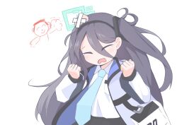  1boy 1girl absurdres aqua_halo aris_(blue_archive) black_hair black_hairband black_skirt blue_archive blue_jacket blush clenched_hands closed_eyes collared_shirt commentary crossed_bandaids doodle_sensei_(blue_archive) eyes_visible_through_hair hair_between_eyes hairband halo hands_up head_bump highres jacket kmini15 long_bangs long_hair long_hair_between_eyes long_sleeves multicolored_jacket one_side_up open_clothes open_jacket open_mouth puffy_long_sleeves puffy_sleeves rectangular_halo sensei_(blue_archive) shirt simple_background single_sidelock skirt solo_focus tears teeth two-sided_fabric two-sided_jacket upper_body upper_teeth_only very_long_hair white_background white_jacket white_shirt 