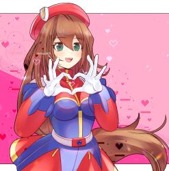  1girl blue_dress border breasts brown_hair cowboy_shot dress green_eyes hat heart heart_hands highres iris_(mega_man) long_hair mega_man_(series) mega_man_x4 mega_man_x_(series) pink_background red_dress red_hat rikka_(user_hruv2435) simple_background solo white_border 