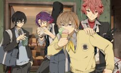  4boys bag black_gloves black_hair black_jacket blue_sweater_vest brown_hair cardigan colored_inner_hair eating food fura_kanato glasses gloves grey_shirt hair_between_eyes hair_intakes hand_on_another&#039;s_shoulder hashtag-only_commentary highres ice_cream jacket looking_at_viewer male_focus matsuhago multicolored_hair multiple_boys necktie nijisanji purple_hair red_hair school_bag school_uniform seraph_dazzlegarden shikinagi_akira shirt short_hair shoulder_bag smile sweater_vest two-tone_hair v violet_eyes virtual_youtuber voltaction watarai_hibari yellow_cardigan 