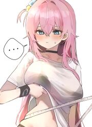  ... 1girl absurdres alternate_costume black_choker black_wrist_cuffs blue_eyes blush_stickers bocchi_the_rock! breasts choker clothes_lift cube_hair_ornament gotoh_hitori hair_between_eyes hair_ornament highres kumsusukum large_breasts lifting_own_clothes long_hair measuring midriff_peek shirt shirt_lift simple_background solo spoken_ellipsis t-shirt tape_measure white_background white_shirt wrist_cuffs 