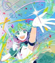  1girl :d absurdres ahoge aqua_eyes aqua_hair aqua_necktie arm_strap arm_up art_brush artist_name cheering collared_shirt colored_eyelashes commentary_request dot_nose english_commentary floating_hair gloves gradient_background guitar hand_up hatsune_miku highres holding holding_pole instrument long_hair masking_tape_(medium) mixed-language_commentary mixed_media multicolored_eyes multicolored_hair musical_staff necktie paintbrush pole reaching reaching_towards_viewer ribbon ryono scrunchie shirt sleeveless sleeveless_shirt smile solo sparkle standard_bearer stylus teeth traditional_media treble_clef twintails unconventional_media upper_body upper_teeth_only vocaloid watermark white_gloves white_shirt wispy_bangs wrist_scrunchie yellow_ribbon 