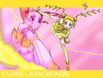  arms_up bike_shorts blonde_hair character_name cure_lemonade double_bun drill_hair fingerless_gloves fuchi_minoru gloves kasugano_urara leaning_forward long_hair magical_girl pink_background precure puffy_sleeves shorts_under_skirt skirt solo thigh-highs thighhighs twin_drills twintails yellow_eyes yellow_legwear yes!_precure_5 