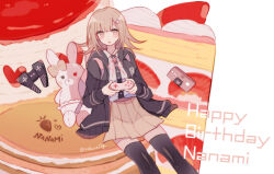  1girl aegyo_sal animal animal_bag backpack bag black_jacket black_thighhighs blunt_bangs brown_skirt buttons cake cake_slice character_name cheesecake collared_shirt commentary_request controller danganronpa_(series) danganronpa_2:_goodbye_despair diaper dress_shirt english_text expressionless eyelashes feet_out_of_frame food fruit game_controller hair_ornament hairclip happy_birthday heart high-waist_skirt holding holding_controller holding_game_controller hood hood_down hooded_jacket jacket long_sleeves looking_at_viewer medium_hair monomi_(danganronpa) nanami_chiaki neck_ribbon on_food open_clothes open_jacket oversized_food oversized_object pancake pink_bag pink_eyes pink_hair pink_ribbon pleated_skirt rabbit ribbon sakura_(fein5862817) shirt sitting skirt souffle_pancake strawberry strawberry_shortcake thigh-highs twitter_username white_background white_shirt zettai_ryouiki 
