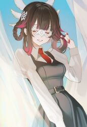  1girl ai-assisted belt black_belt black_dress black_hair braid braided_hair_rings breasts closed_eyes collared_shirt columbina_(genshin_impact) commentary_request dress genshin_impact grin hair_ornament hair_rings highres juliet_sleeves long_sleeves medium_breasts multicolored_hair nail_polish necktie parted_lips pinafore_dress pink_hair poki_(j0ch3fvj6nd) puffy_sleeves red_nails red_necktie shirt short_hair sleeveless sleeveless_dress smile solo streaked_hair two-tone_hair white_shirt 