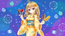  1girl ahoge blonde_hair blue_background blue_eyes blue_sash braid breasts candy_apple chocolate-covered_food chocolate_banana closed_mouth corn corn_cob cowboy_shot fang film_grain floral_print floral_print_kimono flower food fried_squid furumi_chie game_cg hair_between_eyes hair_flower hair_ornament hairclip holding holding_food holding_skewer izumi_tsubasu japanese_clothes kimono long_hair looking_at_viewer medium_breasts non-web_source obi official_art orange_flower orange_rose print_kimono re:stage! rose sash single_braid skewer skin_fang smile solo sparkle_background sprinkles sunflower_print water_yoyo white_flower white_rose yellow_flower yellow_kimono yukata 
