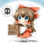  blue_eyes blush bow box brown_hair chibi crying crying_with_eyes_open detached_sleeves donation_box drooling gohei hair_bow hair_tubes hakurei_reimu long_hair long_sleeves miko rebecca_(keinelove) shirt skirt skirt_set skull solo speech_bubble spoken_skull standing tears touhou translation_request trembling white_background wide_sleeves 