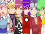  amagami ascot blonde_hair blue_eyes brown_hair bust column_lineup gradient_hair green_hair hat highres hijiri_byakuren infinity_slope kazami_yuuka long_hair mirror multicolored_hair multiple_girls orange_eyes parody pink_eyes pink_hair purple_hair red_eyes saigyouji_yuyuko short_hair silver_hair smile touhou yagokoro_eirin yakumo_yukari yasaka_kanako yellow_eyes youkai 