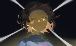  1other ;o archx09 bangs_blown_up black_background blue_sweater brown_hair colored_skin film_grain frisk_(undertale) from_below hashtag-only_commentary highres looking_at_viewer one_eye_closed open_mouth other_focus portrait short_hair simple_background solo sparkle sweater turtleneck turtleneck_sweater twitter_username underlighting undertale unusually_open_eyes utdr_(toby_fox) yellow_eyes yellow_skin 