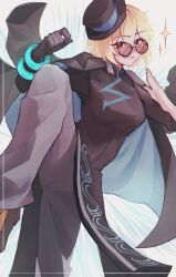  +_+ 1girl black_coat black_dress black_gloves black_hat blonde_hair blue_background brown-tinted_eyewear china_dress chinese_clothes cinq_association_east_uniform coat coat_on_shoulders don_quixote_(project_moon) dress earrings gloves grey_pants hat highres jade_bracelet jewelry kokiing limbus_company looking_at_viewer ofuda_earrings pants partially_opaque_sunglasses project_moon round_eyewear short_hair simple_background single_earring single_glove smile solo standing sunglasses tilted_headwear tinted_eyewear upper_body yellow_eyes 