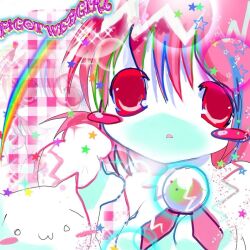  1girl 1other 2000s_(style) :3 :o animal blush blush_stickers breasts canihavepromo cat character_name checkered checkered_background english_text lens_flare lens_flare_abuse moe musical_note open_mouth original original_character rainbow red_eyes red_hair short_hair sparkle star_(symbol) text zoom_layer 