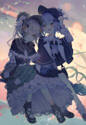  2girls absurdres asymmetrical_legwear bag bird_hat_ornament black_bag black_capelet black_flower black_pantyhose black_rose black_shoes blonde_hair blue_hair blue_necktie blue_skirt blush bobby_socks bonnet braid braided_hair_rings broom broom_riding capelet deerstalker detective dress flower flower-trimmed_dress frilled_bonnet frilled_dress frills green_dress green_eyes hair_rings hand_on_headwear hat highres lolita_fashion looking_at_another looking_down magical_girl mahou_shoujo_no_majo_saiban maidcode1023 messenger_bag multiple_girls necktie open_mouth pantyhose plaid_clothes plaid_skirt rose shoes short_hair shoulder_bag single_leg_pantyhose skirt smile socks tachibana_sherry too_many too_many_frills toono_hanna twintails white_flower white_rose yellow_eyes yellow_flower yellow_rose yuri 