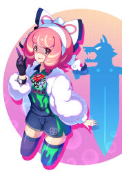  1girl absurdres alternate_eye_color asymmetrical_legwear blue_eyes bow bracelet breasts coat collared_shirt cropped_legs drill_hair dynamax_band eyeshadow flipped_hair fukidashi_cotton fur_coat fur_jacket hair_bow hairband hand_up highres index_finger_raised jacket jewelry klara_(pokemon) makeup medium_breasts mismatched_legwear mole mole_under_mouth pink_eyeshadow pink_hair pink_lips pokemon pokemon_swsh print_shirt print_shorts ring shirt short_hair shorts side_slit side_slit_shorts smile solo twin_drills two-tone_shirt two-tone_shorts two-tone_thighhighs white_bow white_hairband 