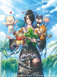  1girl belt braid cait_sith_(final_fantasy) character_doll churayuki company_name copyright_notice doll dress final_fantasy final_fantasy_x fur-trimmed_dress fur_trim hair_ornament hair_over_one_eye hair_stick holding holding_doll jewelry lace-trimmed_thighhighs lace_trim lulu_(ff10) magic:_the_gathering mole mole_under_mouth moogle moomba multiple_belts multiple_braids multiple_necklaces necklace off-shoulder_dress off_shoulder official_art onion_knight pupu_(ff8) purple_lips sabotender solo sunlight thigh-highs 