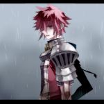  armor colored_eyelashes elsword elsword_(character) grey_background letterboxed male mori_(1804282) rain red_eyes red_hair redhead shirt solo spiked_hair spiky_hair wet 