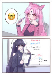  adapted_costume alternate_costume bare_shoulders belt bishoujo_senshi_sailor_moon bishoujo_senshi_sailor_moon_r bishoujo_senshi_sailor_moon_s black_hair black_lady_(sailor_moon) chibi_usa collarbone cone_hair_bun crescent crescent_facial_mark double_bun earrings eyeshadow facial_mark forehead_mark glasses hair_bun high_collar highres jewelry long_hair makeup marker mistress_9 necklace nerd_emoji pen pink_eyes pink_eyeshadow pink_hair ponytail red_lips round_eyewear see-through_clothes sleeves_past_wrists star_(symbol) star_facial_mark tomoe_hotaru twintails very_long_hair violet_eyes wbr_komet whiteboard yellow-framed_eyewear 