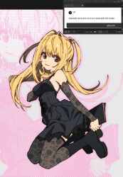  1girl amane_misa bare_shoulders black_boots black_dress blonde_hair blush boots breasts closed_mouth death_note death_note_(object) dress finger_to_cheek floating grey_eyes hair_between_eyes half_updo holding holding_notebook lace lace_sleeves lace_thighhighs light_smile long_hair looking_at_viewer medium_breasts notebook pink_background qwertpoiuy001 short_dress short_twintails sleeveless sleeveless_dress solo spaghetti_strap thigh-highs twintails zettai_ryouiki 