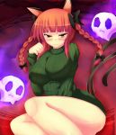  :3 alternate_costume animal_ears bare_legs blush braid breasts cat_ears cat_tail highres kaenbyou_rin large_breasts multiple_tails naked_sweater naughty_face nitoridio paw_pose red_eyes red_hair redhead ribbed_sweater sitting skull smile solo sweater tail touhou twin_braids wide_hips 