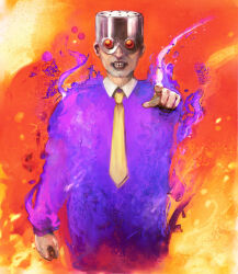 1boy arm_at_side burning byte_(grunty-hag1) cleft_chin collared_shirt commentary_request cowboy_shot facial_hair fire flaming_clothes goggles helmet lips looking_at_viewer major_psychic_psycho mother_(series) mother_2 necktie pants partial_commentary pointing pointing_at_viewer purple_pants purple_suit shirt solo stubble suit teeth yellow_necktie 