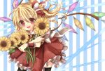  ascot blonde_hair flandre_scarlet flower hair_ribbon no_hat no_headwear open_mouth red_eyes ribbon side_ponytail skirt skirt_set smile solo sunflower the_embodiment_of_scarlet_devil thigh-highs thighhighs touhou wings wink wrist_cuffs yamone 