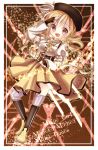  between_breasts blonde_hair breasts character_name drill_hair highres mahou_shoujo_madoka_magica open_mouth puffy_sleeves red_eyes skirt smile solo title_drop tomoe_mami twin_drills yamone 