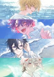  4boys absurdres black-framed_eyewear black_hair blonde_hair blue_eyes closed_mouth clouds collared_shirt colored_inner_hair day expressionless facing_viewer fang fura_kanato glasses highres looking_at_viewer looking_to_the_side multicolored_hair multiple_boys nijisanji ocean open_mouth outdoors piko_(ppiioo_0902) purple_hair seraph_dazzlegarden shikinagi_akira shirt sky smile streaked_hair teeth two-tone_hair upper_body voltaction watarai_hibari white_hair white_shirt 