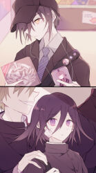  4boys bag bandaid bandaid_on_cheek bandaid_on_face baseball_cap black_bag black_hair black_hat black_jacket blazer blue_necktie bored buttons cable cameo cd cellphone collared_jacket collared_shirt commentary_request danganronpa:_trigger_happy_havoc danganronpa_(series) danganronpa_v3:_killing_harmony earphones earphones expressionless faceless faceless_male gakuran green_hair hair_between_eyes hair_over_one_eye hand_on_another&#039;s_shoulder hat height_difference high_collar holding holding_bag holding_cd holding_phone indoors jacket kirigiri_kyoko lapels listening_to_music logo long_hair_between_eyes long_sleeves male_focus merchandise multiple_boys necktie notched_lapels official_alternate_costume oma_kokichi open_mouth parted_lips phone poster_(object) purple_hair pushpin saihara_shuichi sakura_(fein5862817) school_uniform shirt shop short_hair shoulder_bag smartphone smile split_theme striped_necktie teeth undershirt upper_teeth_only violet_eyes white_shirt 