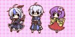  1boy 2girls :d ahoge book chibi dress flower fushigi_ebi glasses hair_flower hair_ornament hakama hieda_no_akyuu highres holding holding_book japanese_clothes morichika_rinnosuke multiple_girls open_book open_mouth outline outstretched_arms plaid plaid_background purple_hair silver_hair smile solid_oval_eyes tokiko_(touhou) touhou wings yin_yang 