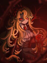  1girl applepie13561 ascot black_corset blonde_hair blood coat collared_shirt corset don_quixote_(project_moon) e.g.o_(project_moon) flower gem hair_flower hair_ornament head_spikes limbus_company long_hair long_sleeves looking_at_viewer parted_bangs project_moon red_background red_coat red_eyes red_flower red_gemstone red_rose rose sancho_(project_moon) shirt simple_background solo thorns upper_body white_ascot white_shirt yearning-mircalla_(e.g.o) 