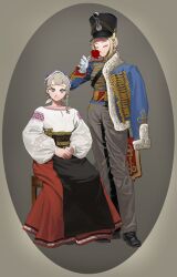  1girl absurdres aiguillette asymmetrical_sidelocks blonde_hair blue_eyes braid braided_sidelock capelet chair closed_eyes commentary commission cossack embroidered_dress embroidery empire_of_austria english_commentary flower full_body gloves gun hands_on_lap hat highres historical_connection holding holding_flower hussar imperial_austrian_army jacket looking_at_viewer military military_dress_uniform military_hat military_jacket military_uniform musket myroslava_bozhuk olena_bozhuk original own_hands_together pelisse posing puffy_sleeves pzkpfwi red_flower red_rose rose siblings sidelocks sisters sitting slavic_clothes soldier traditional_dress ukraine ukrainian_clothes ukrainian_flag vyshyvanka weapon white_gloves 