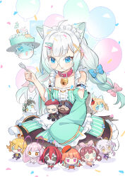  1girl absurdres ahoge animal_collar animal_ears apron aqua_apron aqua_sleeves arm_cutout balloon bell big_boss birthday blue_bow blue_eyes bow braid cake cat_ears cat_girl character_doll character_request chibi clothing_cutout coke-bottle_glasses collar detached_sleeves dokibird dokibird_(bounty_hunter) doll dress floating food fork frilled_apron frilled_sleeves frills fumo_(doll) ghost glasses grey_hair hair_bow hair_ornament hairclip henya_the_genius henya_the_genius_(1st_costume) highres holding holding_fork hololive hololive_english indie_virtual_youtuber jingle_bell kemonomimi_mode long_hair maid maid_headdress maplesights matara_kan metal_gear_(series) metal_gear_solid_3:_snake_eater metal_gear_solid_v:_the_phantom_pain mint_fantome multicolored_hair neck_bell official_alternate_hairstyle pink_bow pink_collar revolver_ocelot round_eyewear sitting takanashi_kiara tongue tongue_out twin_braids virtual_youtuber wisps_(mint_fantome) 