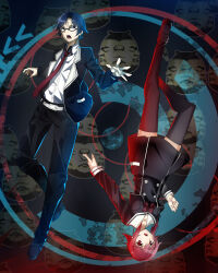  1boy 1girl blazer blue_eyes blue_hair chaos;child glasses hekiho_academy_school_uniform highres jacket long_sleeves miyashiro_takuru onoe_serika open_clothes pink_hair raitho school_uniform science_adventure short_hair sumo_sticker thigh-highs 