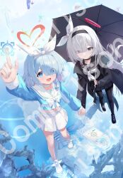  2girls absurdres arona_(blue_archive) black_choker black_hairband black_pantyhose black_sailor_collar black_serafuku black_skirt blue_archive blue_eyes blue_hair braid choker hair_over_one_eye hairband halo highres holding holding_umbrella long_hair long_sleeves mixian multiple_girls neckerchief panties pantyhose plana_(blue_archive) pleated_skirt red_halo sailor_collar school_uniform serafuku skirt smile striped_clothes striped_panties umbrella underwear white_choker white_neckerchief white_sailor_collar white_skirt 