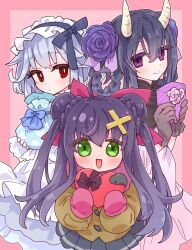  3girls ahoge android black_hair black_hairband bow brown_gloves brown_shirt cross_hair_ornament double_bun dress emil_chronicle_online flower frilled_dress frilled_hairband frills gift gloves green_eyes hair_bow hair_bun hair_flower hair_ornament hair_ribbon hair_rings hairband highres holding holding_gift horns izanami_(eco) kiyohime_lore long_hair looking_at_viewer mitama_aria multiple_girls official_alternate_costume open_mouth pink_background pink_gloves pleated_skirt red_eyes red_ribbon red_skirt ribbon shirt skirt violet_eyes white_dress white_hair yusa_yuyu 