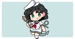  1girl anchor black_hair black_shoes blush border chibi chibi_only closed_mouth commentary full_body green_background green_eyes green_sailor_collar hat ini_(inunabe00) looking_at_viewer murasa_minamitsu neckerchief outline outside_border red_neckerchief sailor_collar sailor_hat sailor_shirt shirt shoes short_hair short_sleeves shorts simple_background smile socks solo standing touhou white_border white_hat white_outline white_shirt white_shorts white_socks 