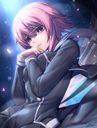  1girl absurdres chaos;child d-sword hair_between_eyes hekiho_academy_school_uniform highres jacket long_sleeves looking_at_viewer luft7star onoe_serika pink_eyes pink_hair school_uniform science_adventure short_hair solo teardrop tears upper_body 