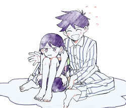  2boys ^_^ antenna_hair barefoot blush brothers closed_eyes closed_mouth colored_skin crying crying_with_eyes_open double-parted_bangs flying_sweatdrops hair_between_eyes hero_(headspace)_(omori) hero_(omori) highres kel_(headspace)_(omori) kel_(omori) knees_up long_sleeves male_focus multiple_boys nervous_smile omori pajamas pants pout purple_hair purple_shorts shakomori_w shorts siblings simple_background sitting smile striped_clothes striped_pajamas striped_pants tank_top tears vertical-striped_clothes vertical-striped_pajamas vertical-striped_pants white_background white_skin 