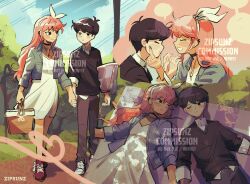  1boy 1girl :d :o :t ;) ^_^ alternate_costume antenna_hair artist_name aubrey_(faraway)_(omori) aubrey_(omori) basket black_choker black_eyes black_hair black_pants black_shoes black_sweater blank_speech_bubble blanket blue_sky bow_hairband breasts choker closed_eyes closed_mouth collared_jacket collared_shirt commentary commission couple cowboy_shot day denim denim_jacket dress ear_piercing earrings english_commentary eye_contact face-to-face facing_another full_body grey_eyes grey_jacket grey_nails grin hair_spread_out hairband hand_on_another&#039;s_cheek hand_on_another&#039;s_face heart hetero heterochromia highres holding holding_basket holding_blanket holding_hands holding_picnic_basket jacket jewelry long_hair long_sleeves looking_at_another lying medium_dress multiple_views nail_polish necklace no_pupils official_alternate_eye_color omori on_back one_eye_closed open_clothes open_jacket outdoors pants picnic_basket picnic_blanket piercing pink_hair profile red_shoes shirt shoelaces shoes short_hair sideways_mouth sky small_breasts smile speech_bubble standing stud_earrings sunny_(omori) sweater tree v-neck very_long_hair very_short_hair walking watermark white_dress white_hairband white_shirt zipsunz 