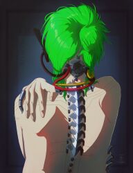  absurdres anime_coloring bare_shoulders computer_chip cyberpunk cyborg electrical_outlet florian_bowie_(suveramort) green_hair hearing_aid highres industrial loose_wires mechanical_spine original prosthesis prosthetic_arm prosthetic_finger skinny wire 