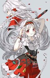  1girl arms_up facing_away flute grin hairband highres holding holding_flute holding_instrument instrument long_hair looking_at_viewer miniskirt multiple_views ok_sign quad_braids red_eyes red_hairband red_skirt reverse:1999 rubuska seventeen_meimi shirt short_sleeves skirt smile white_hair white_shirt 