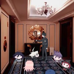  3girls 4boys ^_^ ahoge android antique_phone armor black_hair blonde_hair blue_eyes blue_hair blush_stickers carpet chandelier chibi closed_eyes commentary danganronpa_(series) danganronpa_v3:_killing_harmony elie070 flipped_hair gloves grey_hair hair_between_eyes hallway hat highres indoors iruma_miu jacket k1-b0 long_hair long_sleeves mirror momota_kaito multiple_boys multiple_girls no_mouth oma_kokichi pants phone photo_background pointing power_armor purple_hair red_eyes red_hair rotary_phone saihara_shuichi shirogane_tsumugi short_hair spiky_hair standing sweatdrop violet_eyes witch_hat yumeno_himiko 