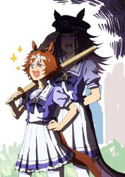  2girls :d absurdres animal_ears arm_behind_back aura bamboo_memory_(umamusume) behind_another black_hair blue_eyes bow bowtie brown_hair brown_tail colored_inner_hair cowboy_shot dark_aura ears_through_headwear face_in_shadow fenomeno_(racehorse) flipped_hair frilled_skirt frills gamja5126 hachimaki hand_on_headwear hand_on_own_hip hashtag-only_commentary hat headband heart heart_in_mouth height_difference highres holding holding_sword holding_weapon horse_ears horse_girl horse_tail horseshoe_hat_ornament horseshoe_ornament long_hair multicolored_hair multiple_girls peaked_cap pleated_skirt puffy_short_sleeves puffy_sleeves purple_bow purple_bowtie purple_hair purple_shirt sailor_collar sailor_shirt school_uniform shinai shirt short_hair short_sleeves skirt smile sparkle sparkling_aura standing streaked_hair summer_uniform sword tail teeth thigh-highs tracen_school_uniform umamusume v-shaped_eyebrows violet_eyes weapon white_headband white_sailor_collar white_skirt white_thighhighs 